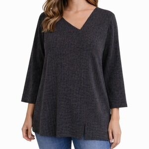 Chicos Asymmetrical Neck Top Size Large Black White Herringbone Pullover Casual